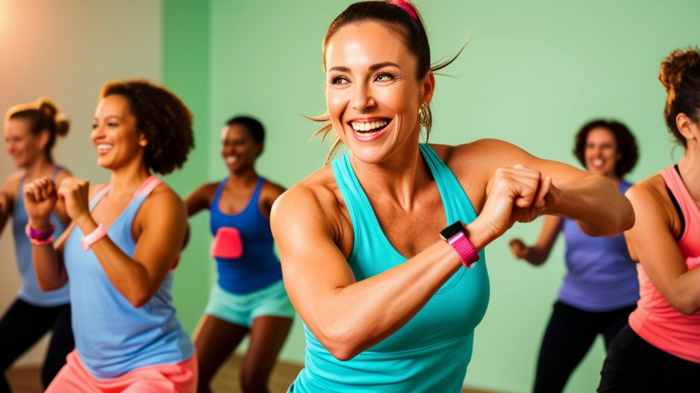 Women smiling in a group fitness class