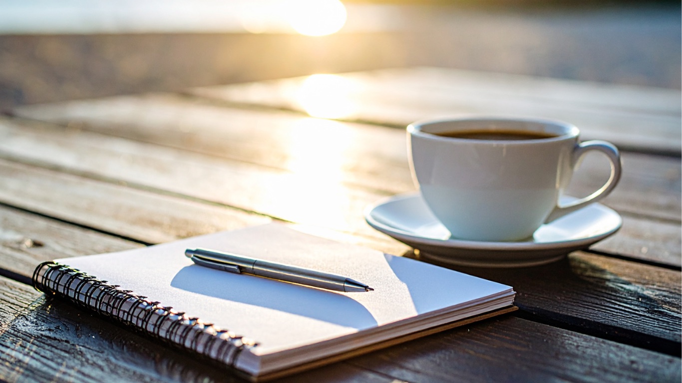 Notebook and coffee on a table for wellness coaching reflection